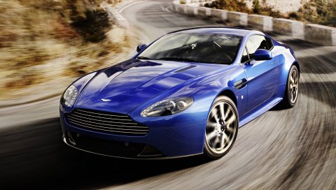 Aston martin, v8, vantage, 2011, синий, вид спереди, скорость, трек