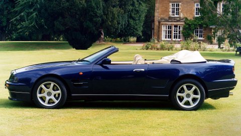 Aston martin, v8, 1997, синий, вид сбоку, кабриолет, дом, природа