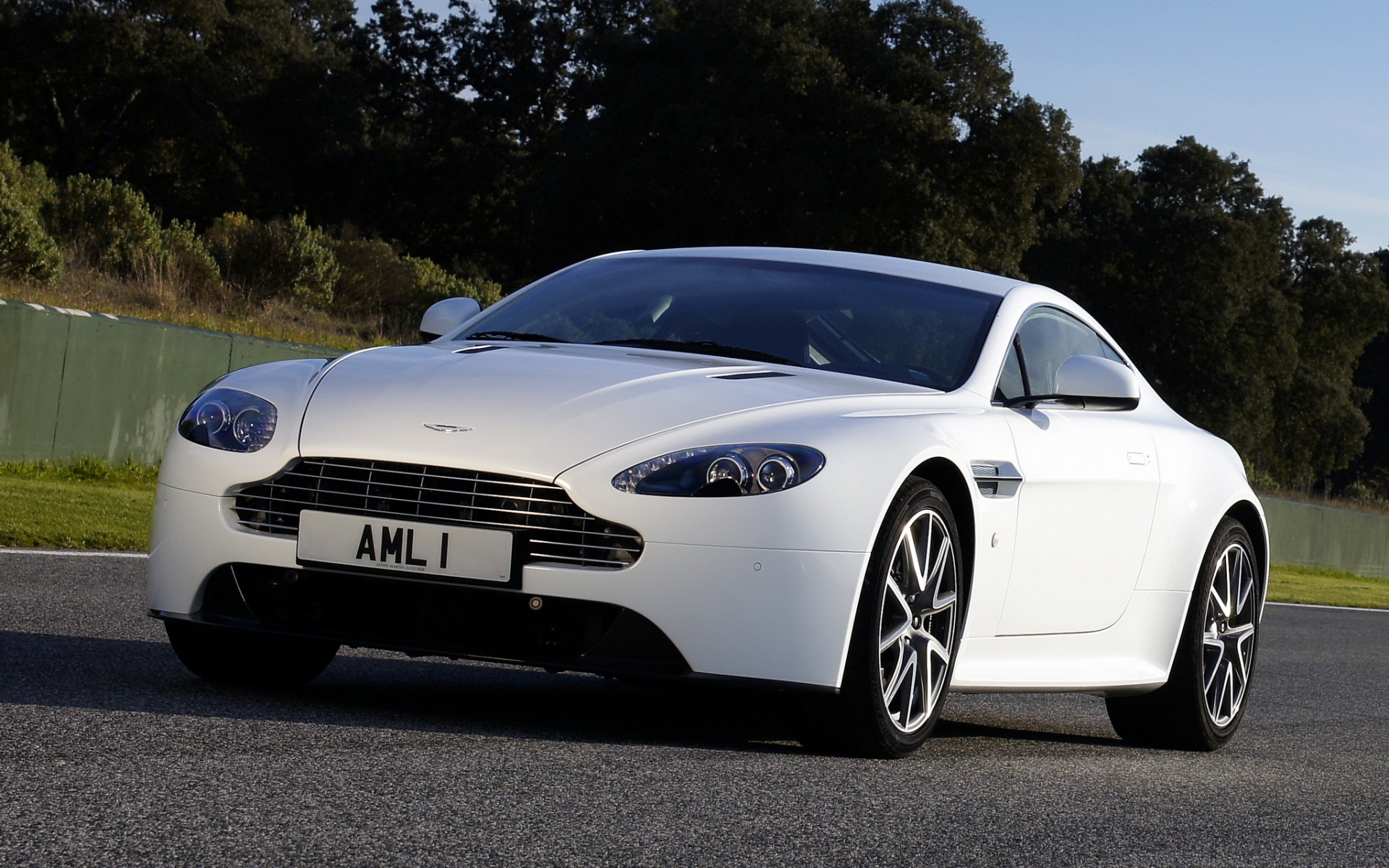 Картинки Aston martin, v8, vantage, 2011, белый, вид спереди, автомобили, деревья фото и обои на рабочий стол