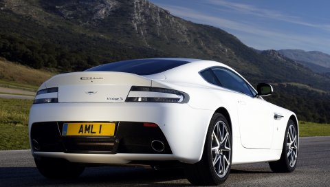 Aston martin, v8, vantage, 2011, белый, вид сзади, стиль, гора