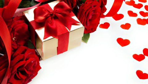 Розы, цветы, подарок, лента, сердце, любовь