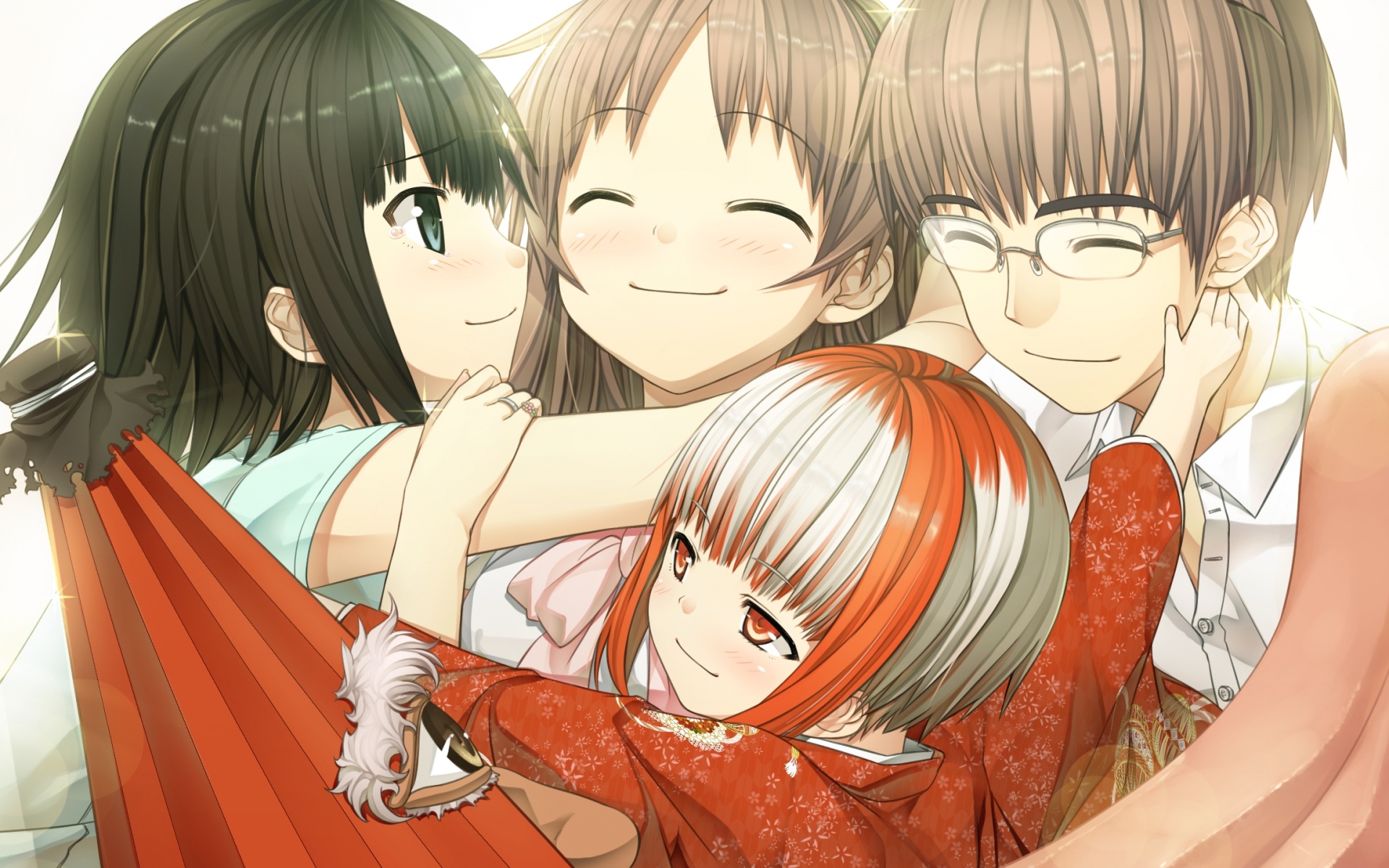 Картинки Monobeno, sawai natsuha, alishima alice, sumi, boy, girl, hug, smile фото и обои на рабочий стол