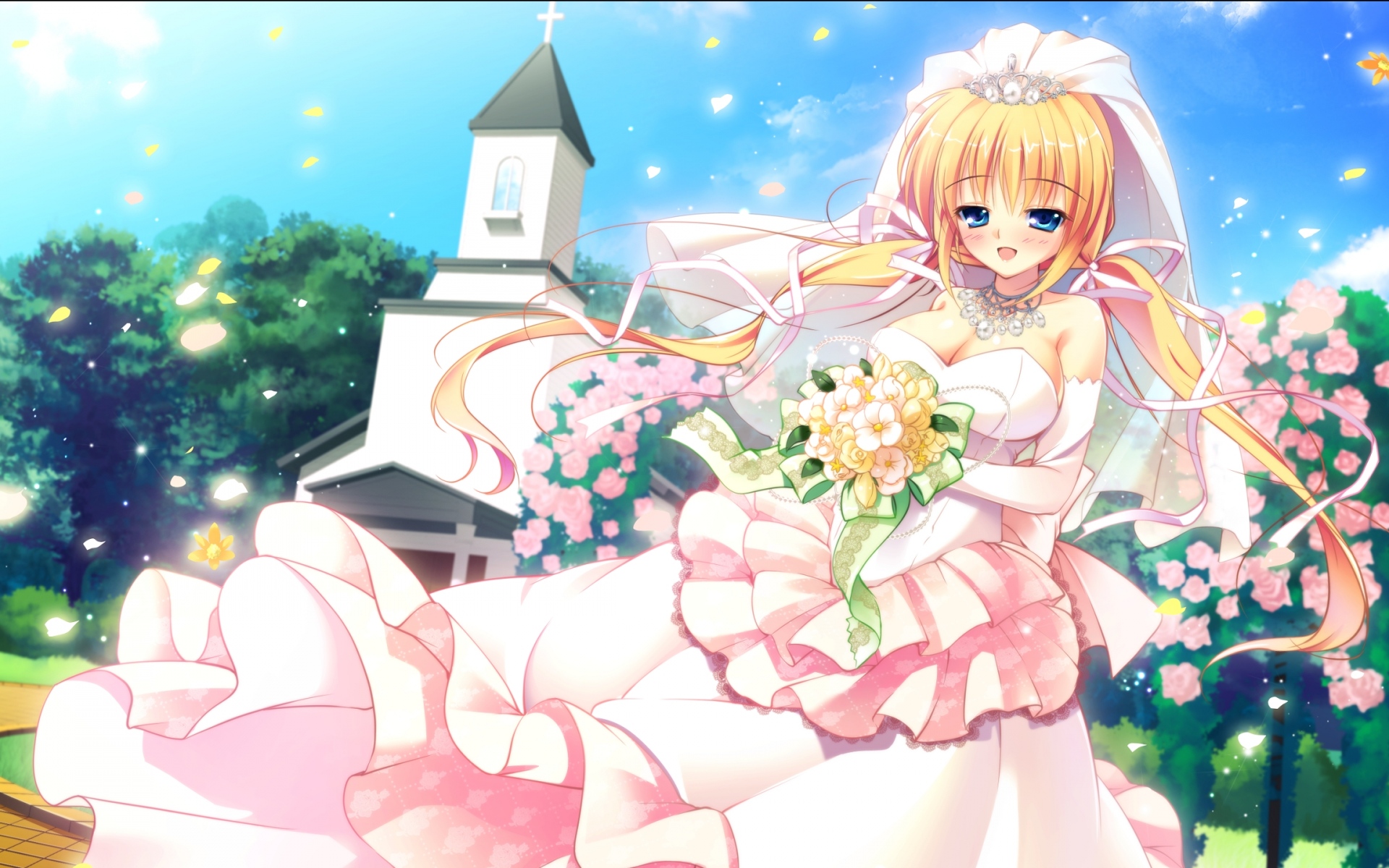 Картинки Mikeou, manatsu no yoru no yuki monogatari, kagamatsuri mana, девушка, платье, невеста, букет фото и обои на рабочий стол