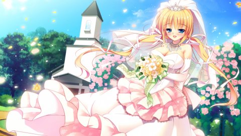 Mikeou, manatsu no yoru no yuki monogatari, kagamatsuri mana, девушка, платье, невеста, букет