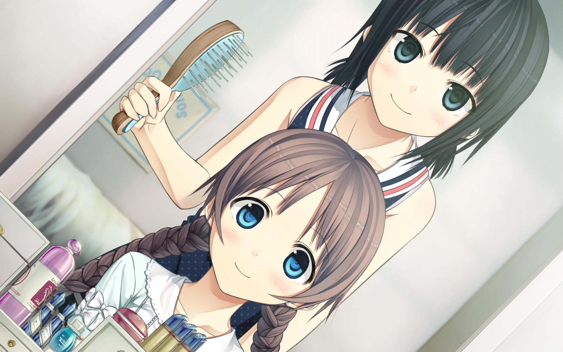 Картинки Monobeno, sawai natsuha, alishima alice, девушка, расческа, зеркало, улыбка фото и обои на рабочий стол