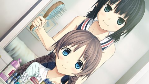 Monobeno, sawai natsuha, alishima alice, девушка, расческа, зеркало, улыбка