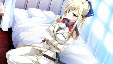 Kimishima ao, otome ga tsumugu koi no canvas, shishidou chiharu, девушка, блондинка, оружие, кровать