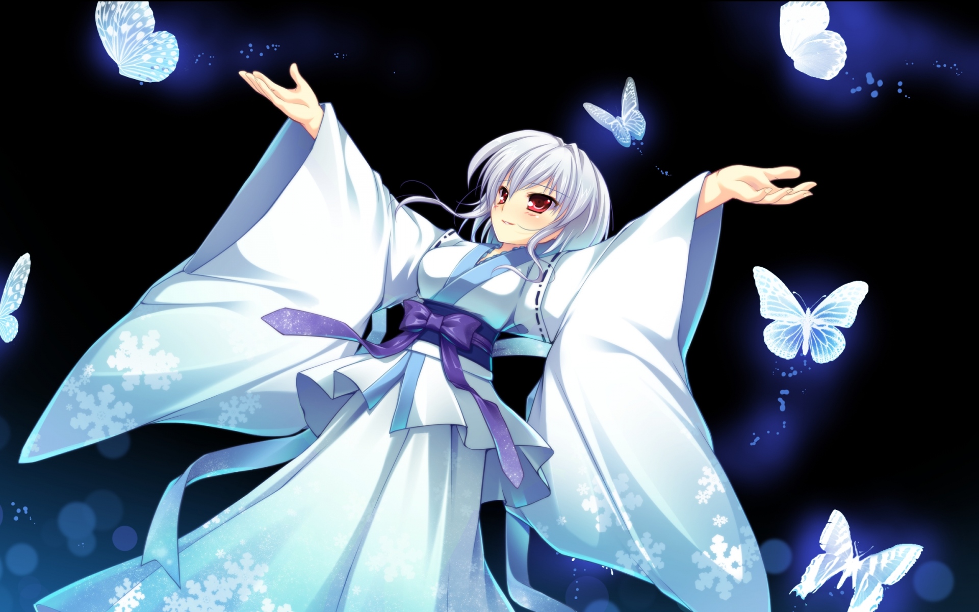 Картинки Mikeou, manatsu no yoru no yuki monogatari, shinjou yukina, девушка, кимоно, бабочка, улыбка фото и обои на рабочий стол