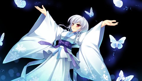 Mikeou, manatsu no yoru no yuki monogatari, shinjou yukina, девушка, кимоно, бабочка, улыбка