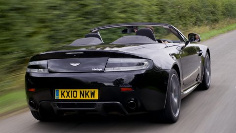 Aston martin, v8, vantage, 2010, черный, вид сзади, дорога, скорость
