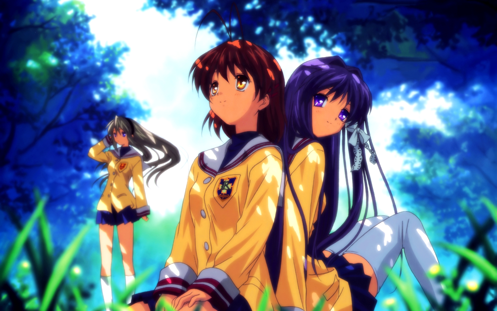 Картинки Ikeda kazumi, clannad, фукукава нагиса, фуджибайаши кю, сакагами томойо, девушка, прогулка, поза фото и обои на рабочий стол