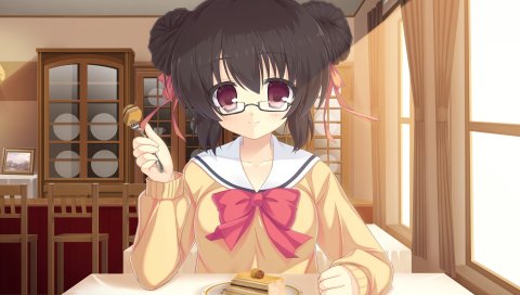 Mizu no miyako no patisserie, девушка, румянец, очки, вилки, еда