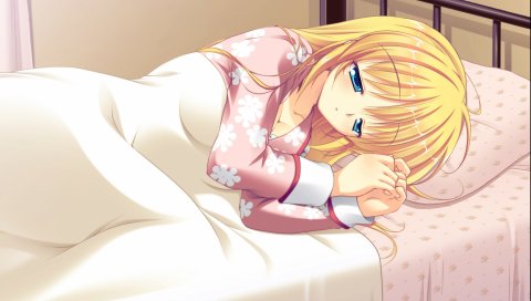 Mikeou, manatsu no yoru no yuki monogatari, kagamatsuri mana, девушка, блондинка, кровать, пижама