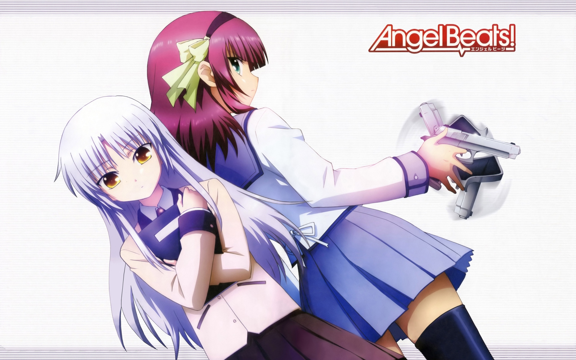 Картинки Hirata katsuzou, angel beats, tachibana kanade, nakamura yuri, девушки, оружие, поза фото и обои на рабочий стол