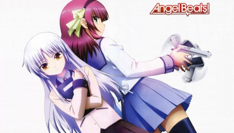 Hirata katsuzou, angel beats, tachibana kanade, nakamura yuri, девушки, оружие, поза