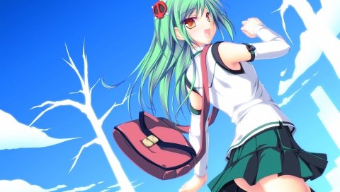Tenmaso, suzukaze no melt, enomoto yoshika, девушка, сумка, радость, небо, движение