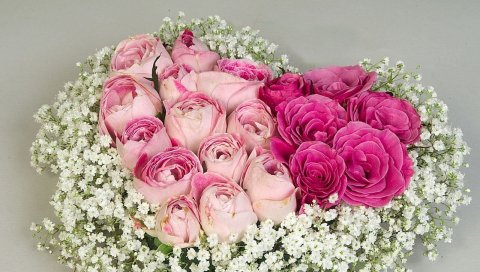 Розы, почки, сердце, гипсофила, композиция, романтика