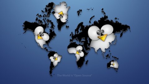 Linux, черный, пингвин, планета, континенты