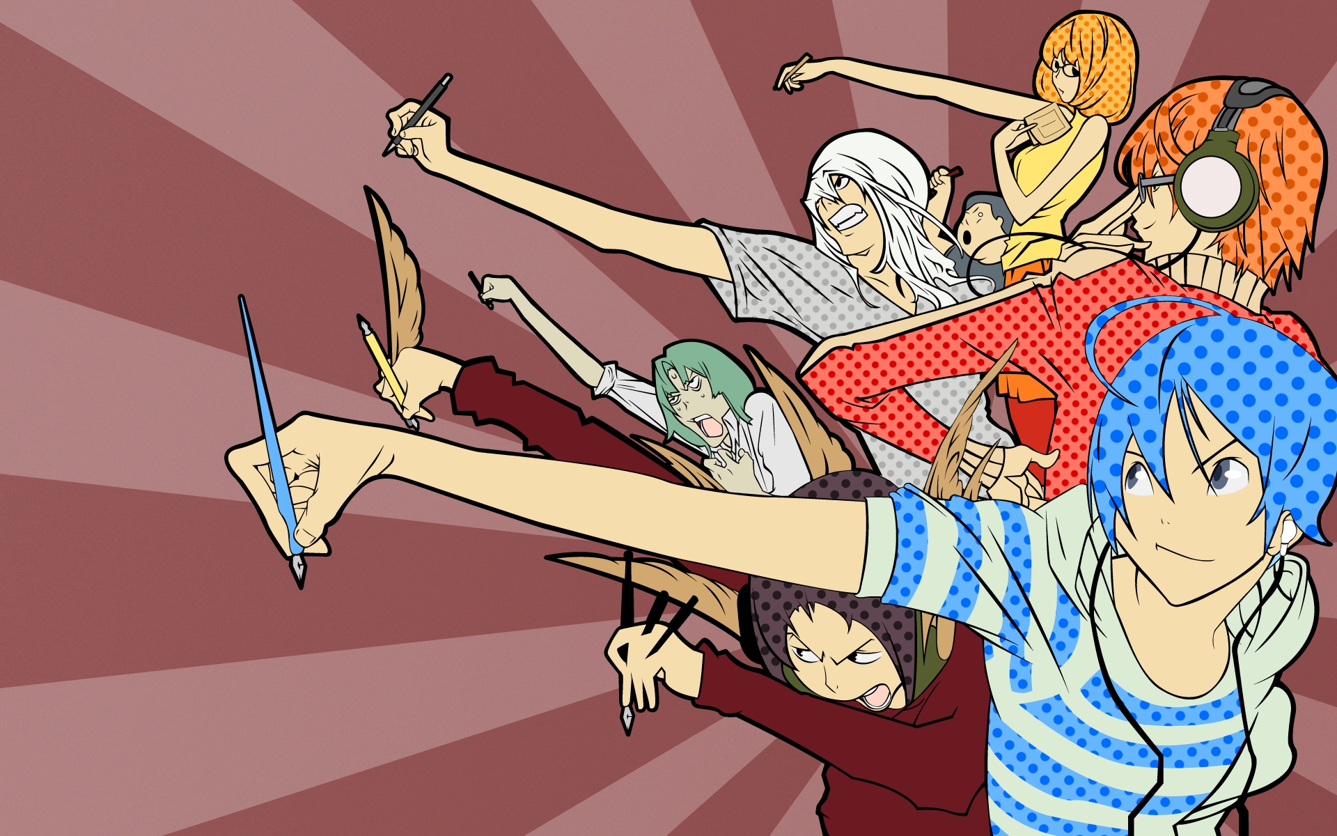 Картинки Obata takehi, bakuman, mashiro moritaka, akito takagi, nizuma eiji, fukuda shinta, aoki yuriko, kazuya hiramaru, nakai takuro, толпа фото и обои на рабочий стол