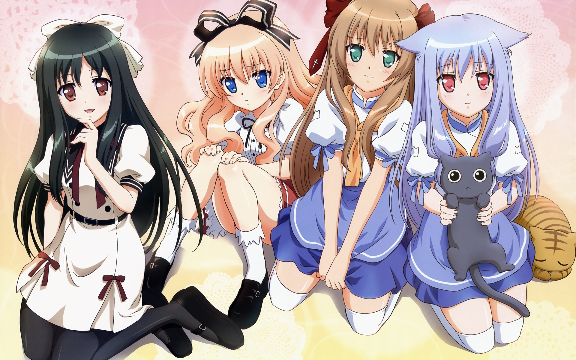 Картинки Майои neko overrun, serizawa fumino, umenomori chise, nozomi kiriya, девушка, кошки, поза фото и обои на рабочий стол