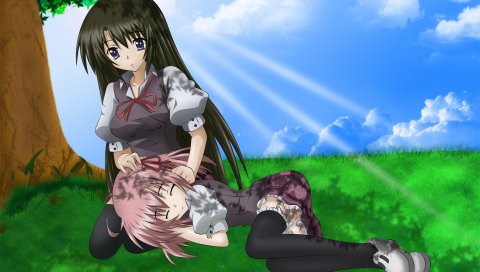 Seitokai no ichizon, sakurano kurimu, akaba chizuru, девушка, праздник, трава, деревья