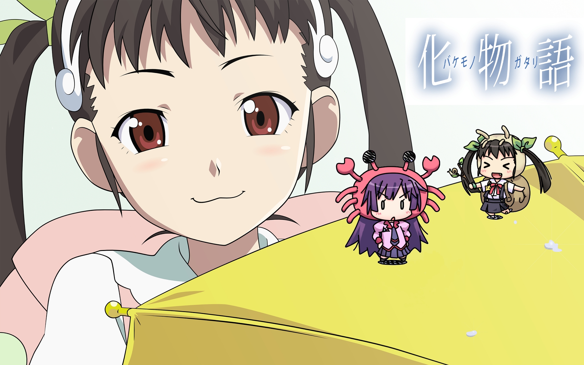 Картинки Bakemonogatari, senjougahara hitagi, hachikuji mayoi, девушка, брюнетка, игрушки, улыбка фото и обои на рабочий стол