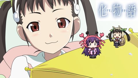 Bakemonogatari, senjougahara hitagi, hachikuji mayoi, девушка, брюнетка, игрушки, улыбка