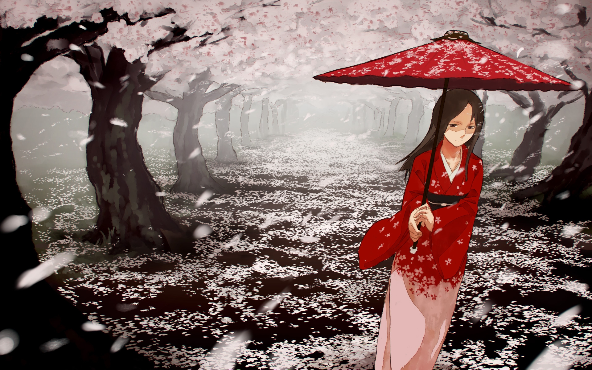 Картинки Mizu asato, девушка, кимоно, зонтик, ходьба фото и обои на рабочий стол
