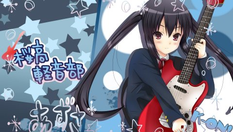 K-on, nakano azusa, девушка, брюнетка, румянец, гитара