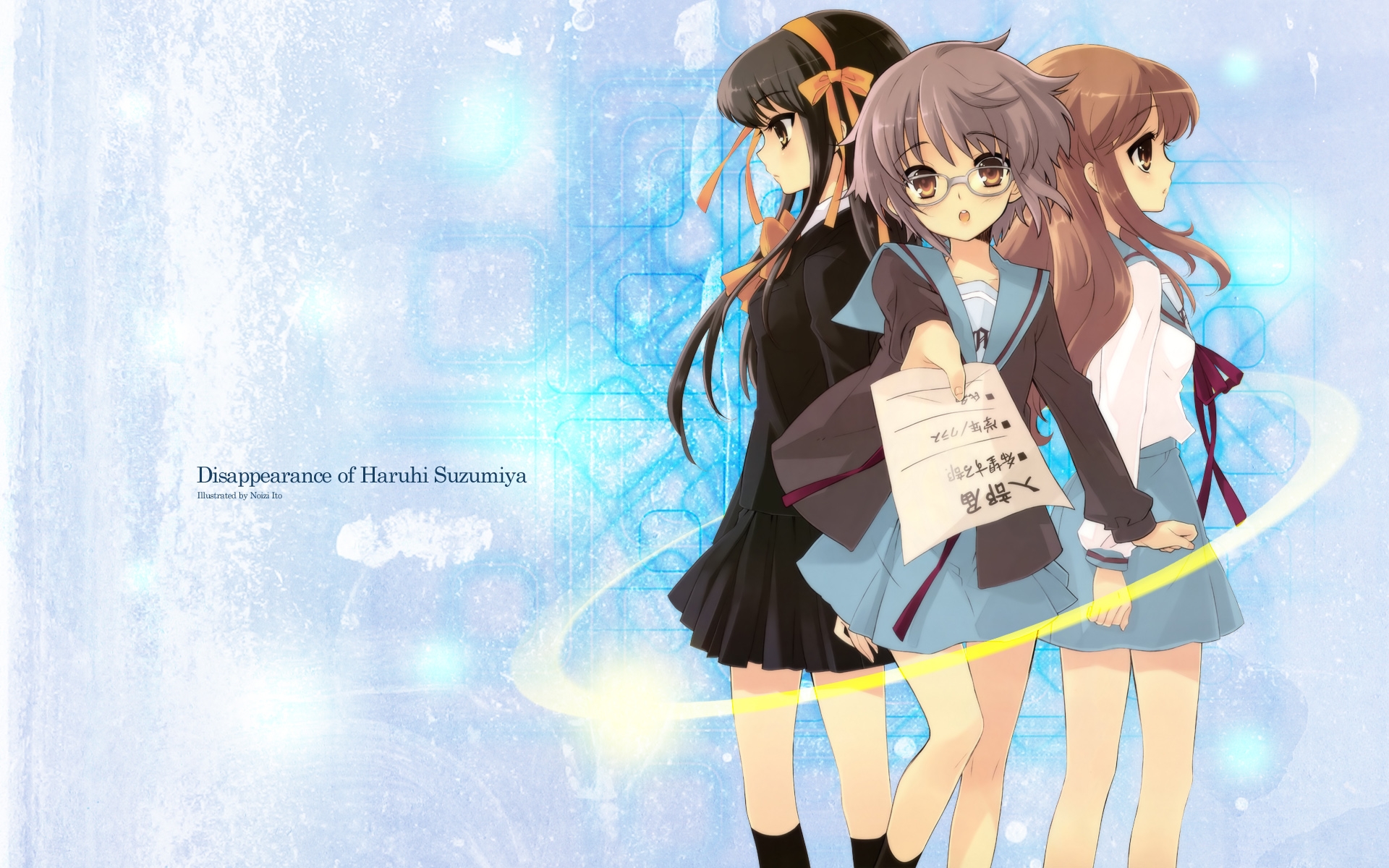 Картинки Suzumiya haruhi no yuutsu, suzumiya haruhi, nagato yuki, asahina mikuru, девушка, бумага, очки фото и обои на рабочий стол