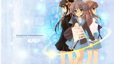 Suzumiya haruhi no yuutsu, suzumiya haruhi, nagato yuki, asahina mikuru, девушка, бумага, очки