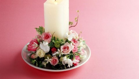 Розы, цветы, композиция, тарелка, свеча, романтика