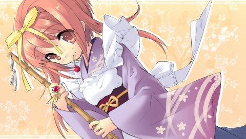 Itou noiji, akihime sumomo, девушка, метла, вишня, улыбка
