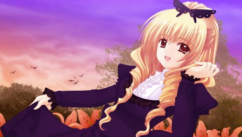 Nishimata aoi, девушка, блондинка, кудри, улыбка, цветы