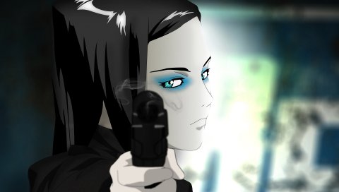 Ergo proxy, re-l mayer, девушка, пистолет, брюнетка, крупный план