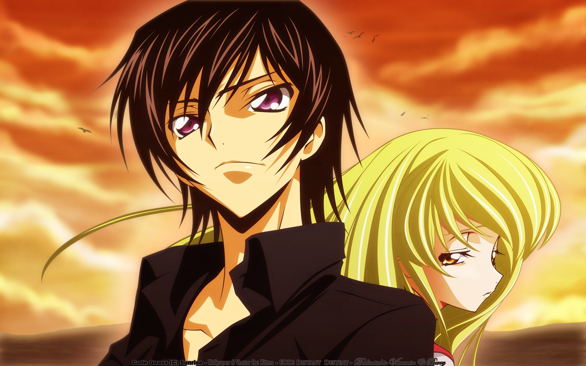 Картинки Код geass, lelouch lamperouge, мальчик, девушка, небо, птицы, закат фото и обои на рабочий стол