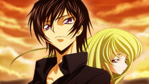 Код geass, lelouch lamperouge, мальчик, девушка, небо, птицы, закат