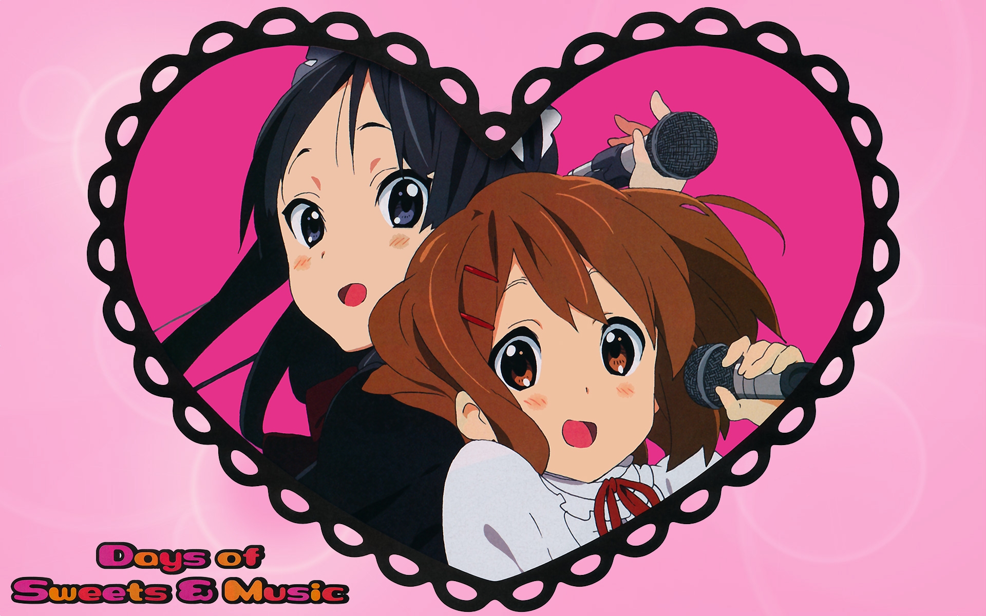 Картинки K-on, akiyama mio, hirasawa yui, девушка, микрофон, сердце фото и обои на рабочий стол