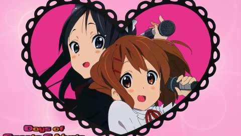 K-on, akiyama mio, hirasawa yui, девушка, микрофон, сердце