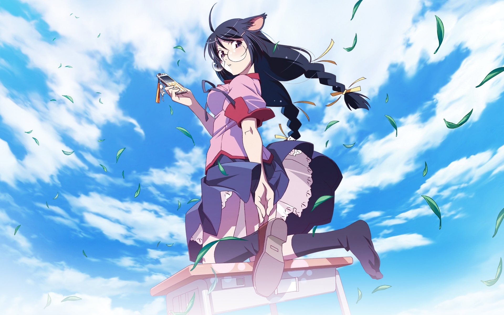 Картинки Bakemonogatari, hanekawa tsubasa, девушка, очки, небо, уши фото и обои на рабочий стол