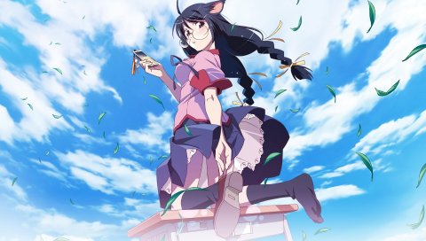 Bakemonogatari, hanekawa tsubasa, девушка, очки, небо, уши