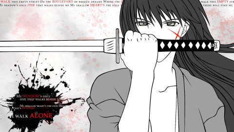Rurouni kenshin, himura kenshin, девушка, брюнетка, меч, шрам