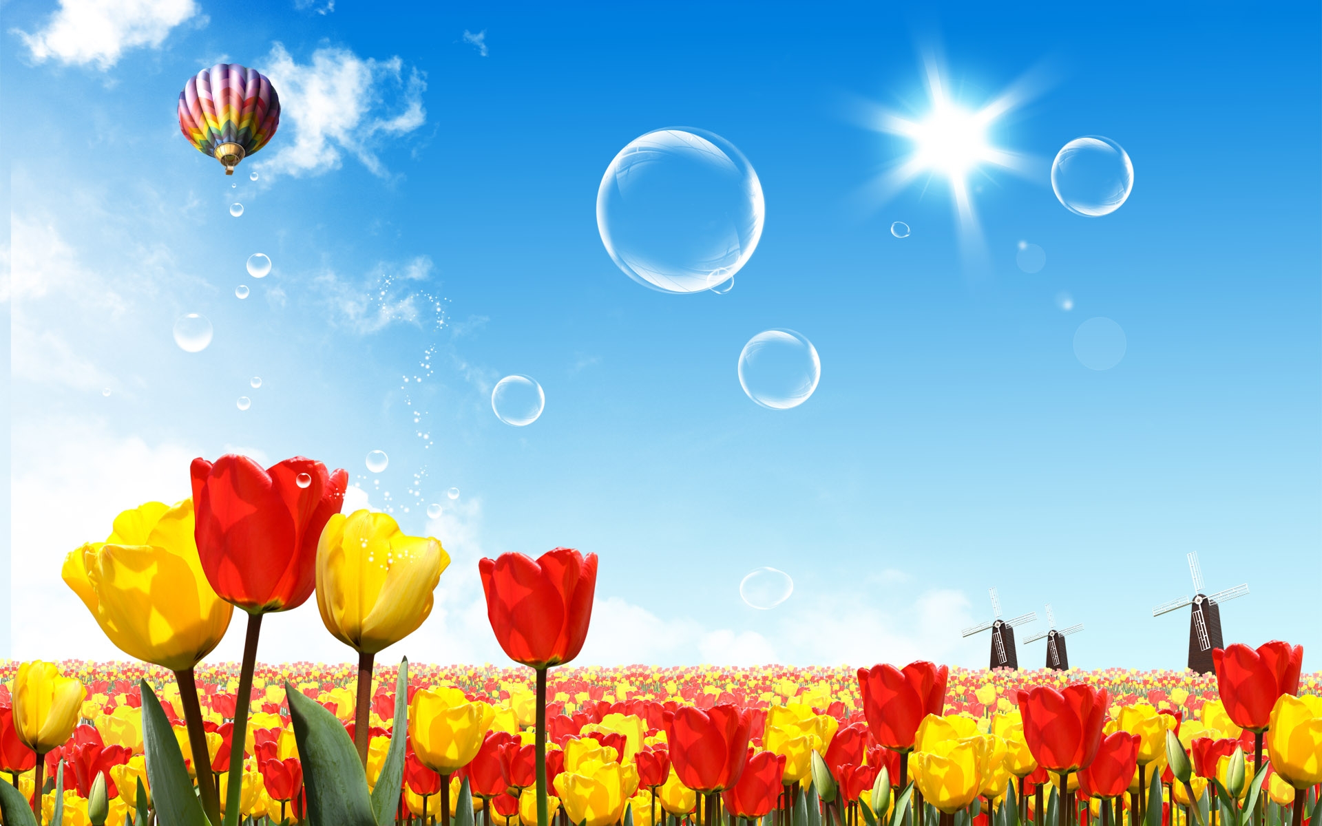 Картинки Тюльпаны, солнце, небо, воздушный шар фото и обои на рабочий стол