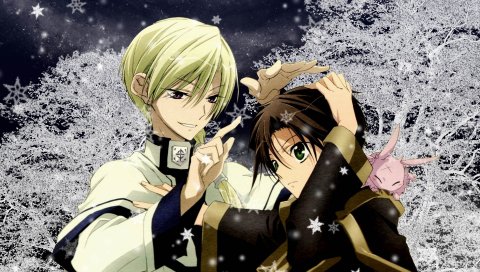 Teito klein, hakuren дуб, девушка, парень, рука, жест, снежинки