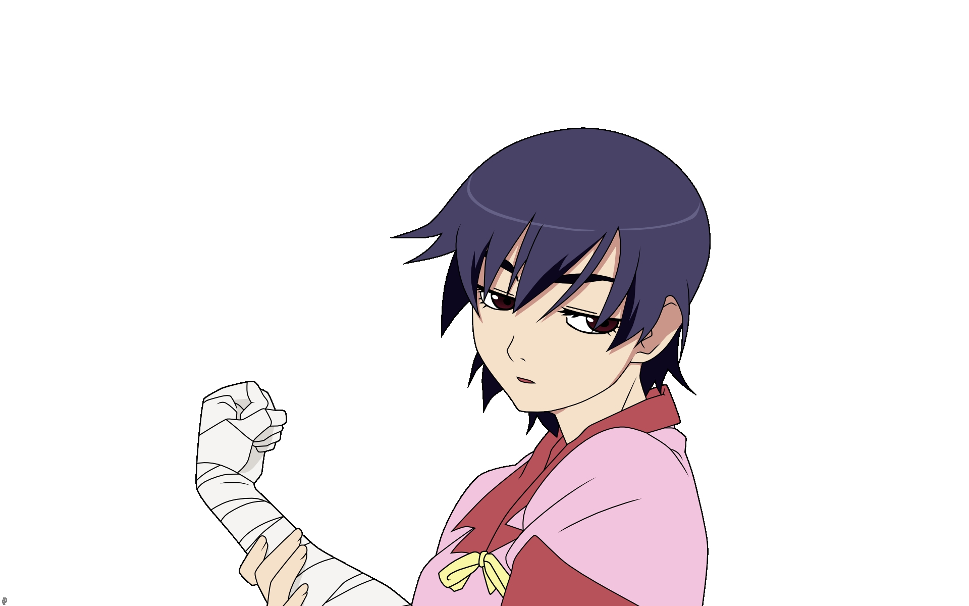 Картинки Bakemonogatari, kanbaru suruga, девушка, брюнетка, челки, повязка, рука фото и обои на рабочий стол