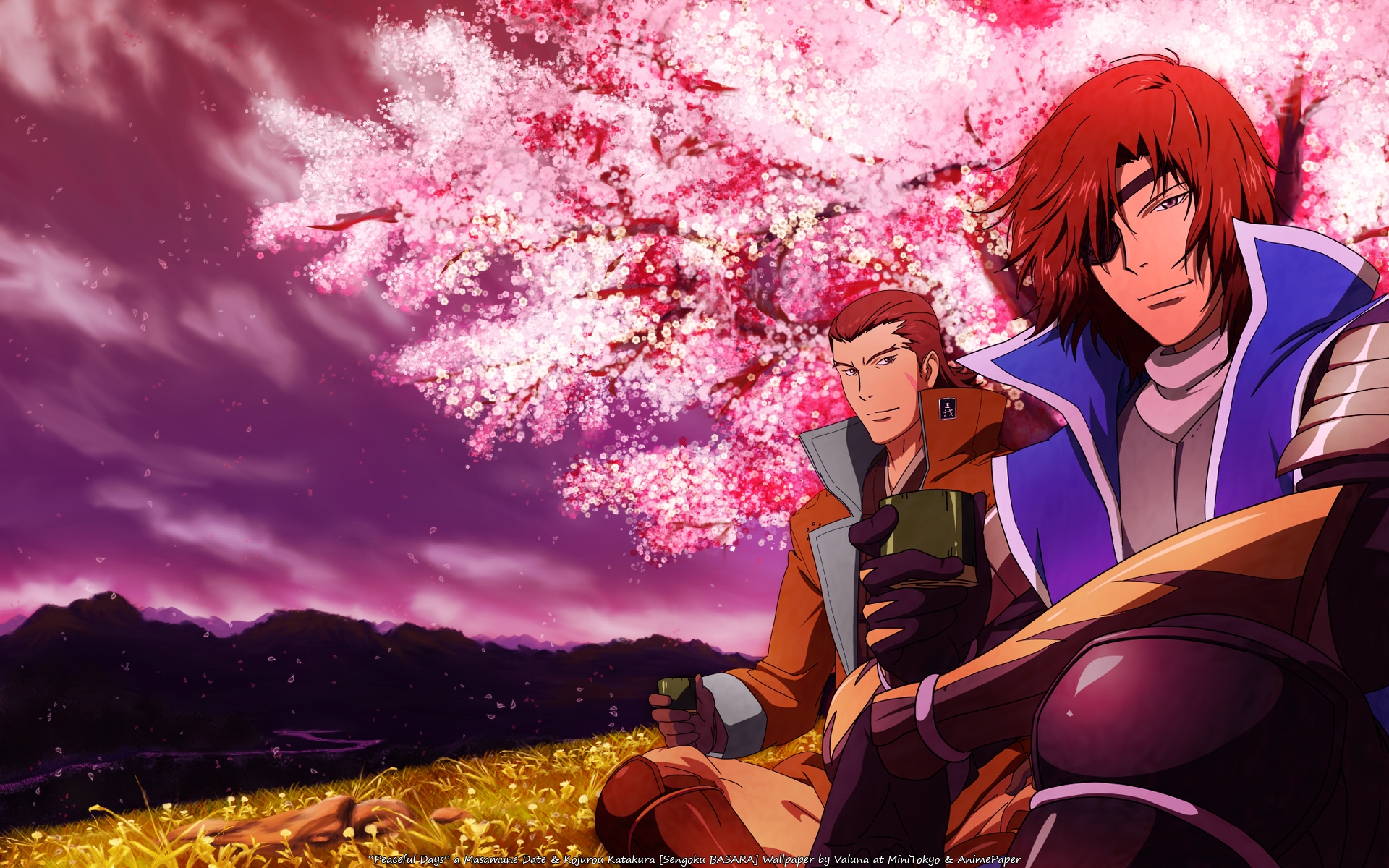 Картинки Sengoku basara, дата masamune, katakura kojuurou, ребята, дерево, весна фото и обои на рабочий стол