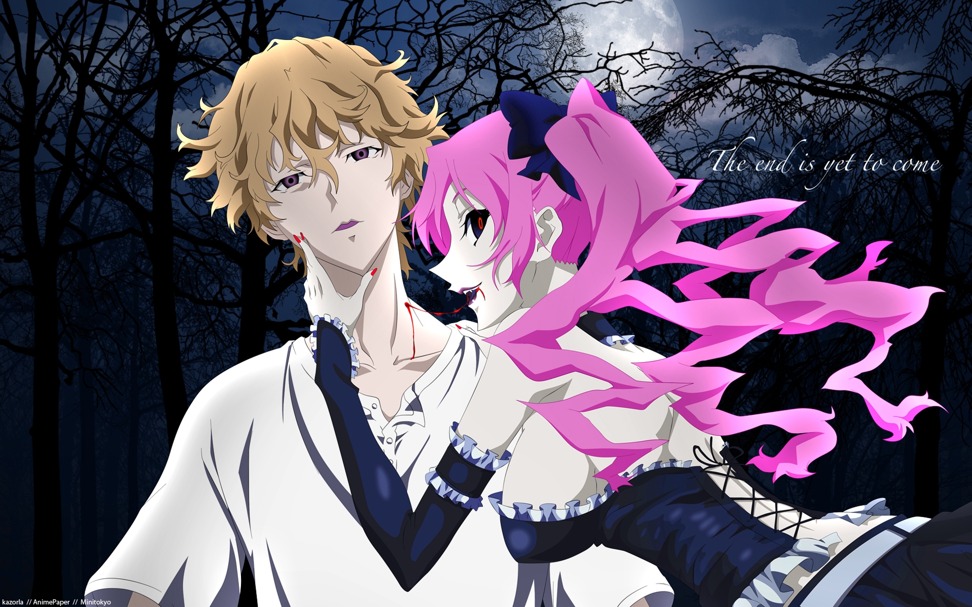 Картинки Shiki, mutou tohru, megumi shimizu, парень, девушка, вампир, кровь, луна, лес фото и обои на рабочий стол