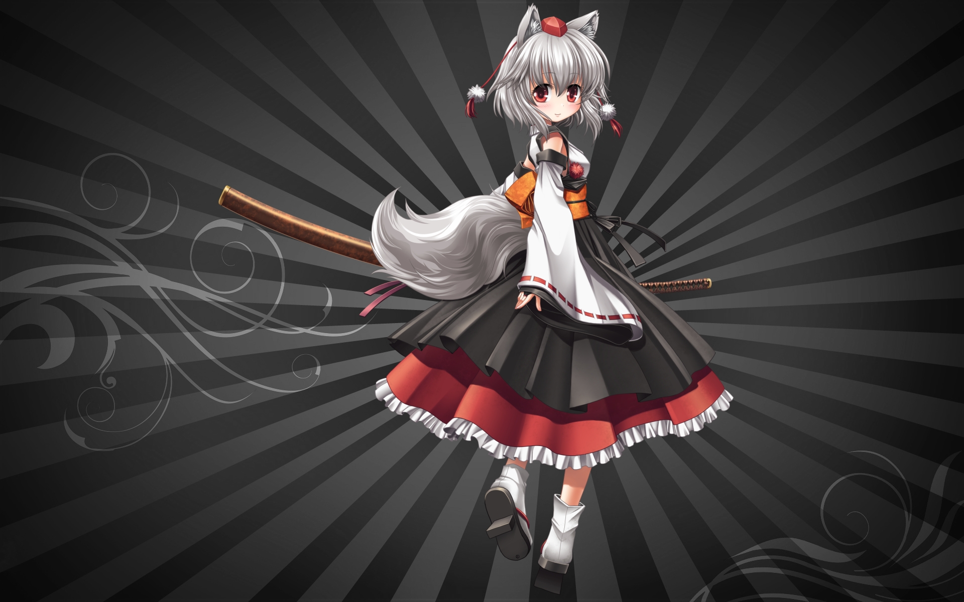 Картинки Inubashiri momiji, девушка, платье, уши, хвост, оружие фото и обои на рабочий стол