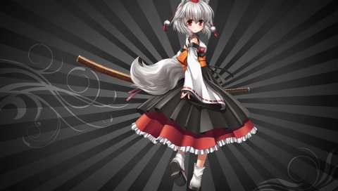 Inubashiri momiji, девушка, платье, уши, хвост, оружие