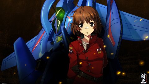 Нитроплюс, полный металлический демон muramasa, девушка, брюнетка, лента, робот
